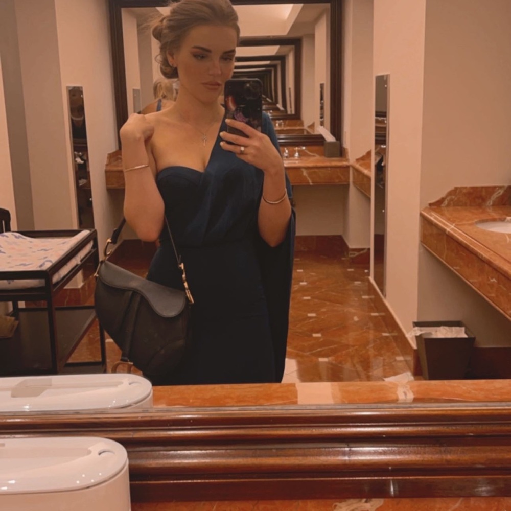 One shoulder cape midi dress navy blue luxury gorgeous cute royal red carpet